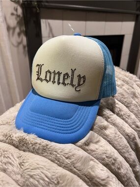 LONELY GHOST Cream Front Blue Mesh Trucker Hat with Rhinestone 'Lovely'